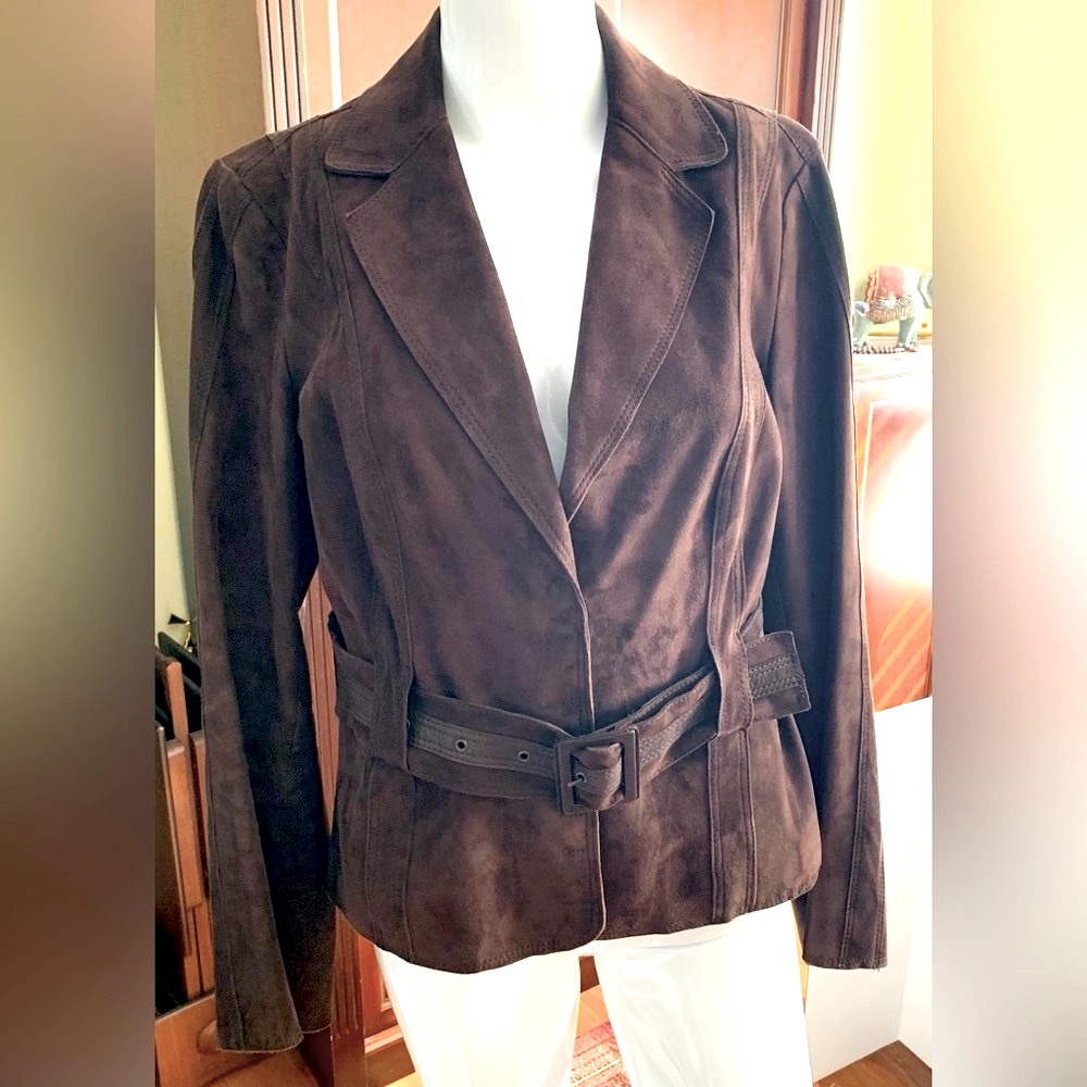 Desa brand cocoa brown color real Suede Leather Blazer with belt Eu Large US L